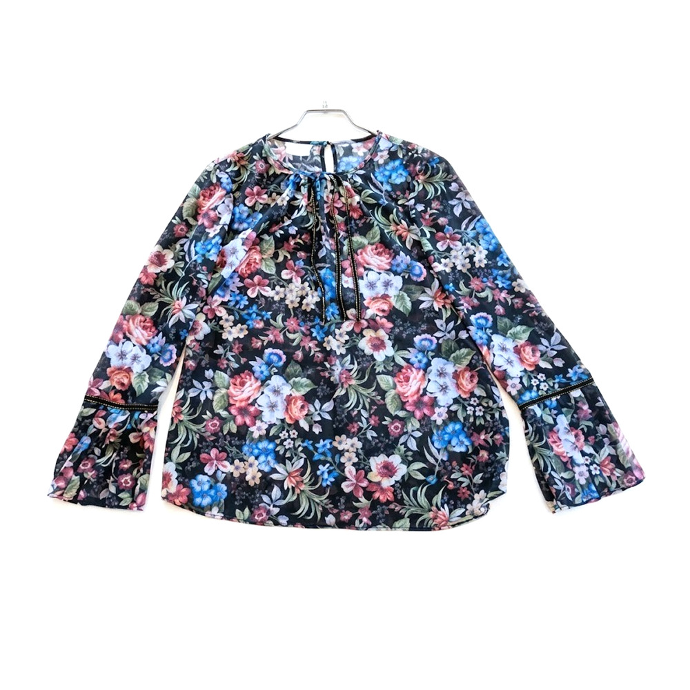 Hobbs London Blouse Womens 8 Black Ruffles Pleates Floral Long Sleeve Top